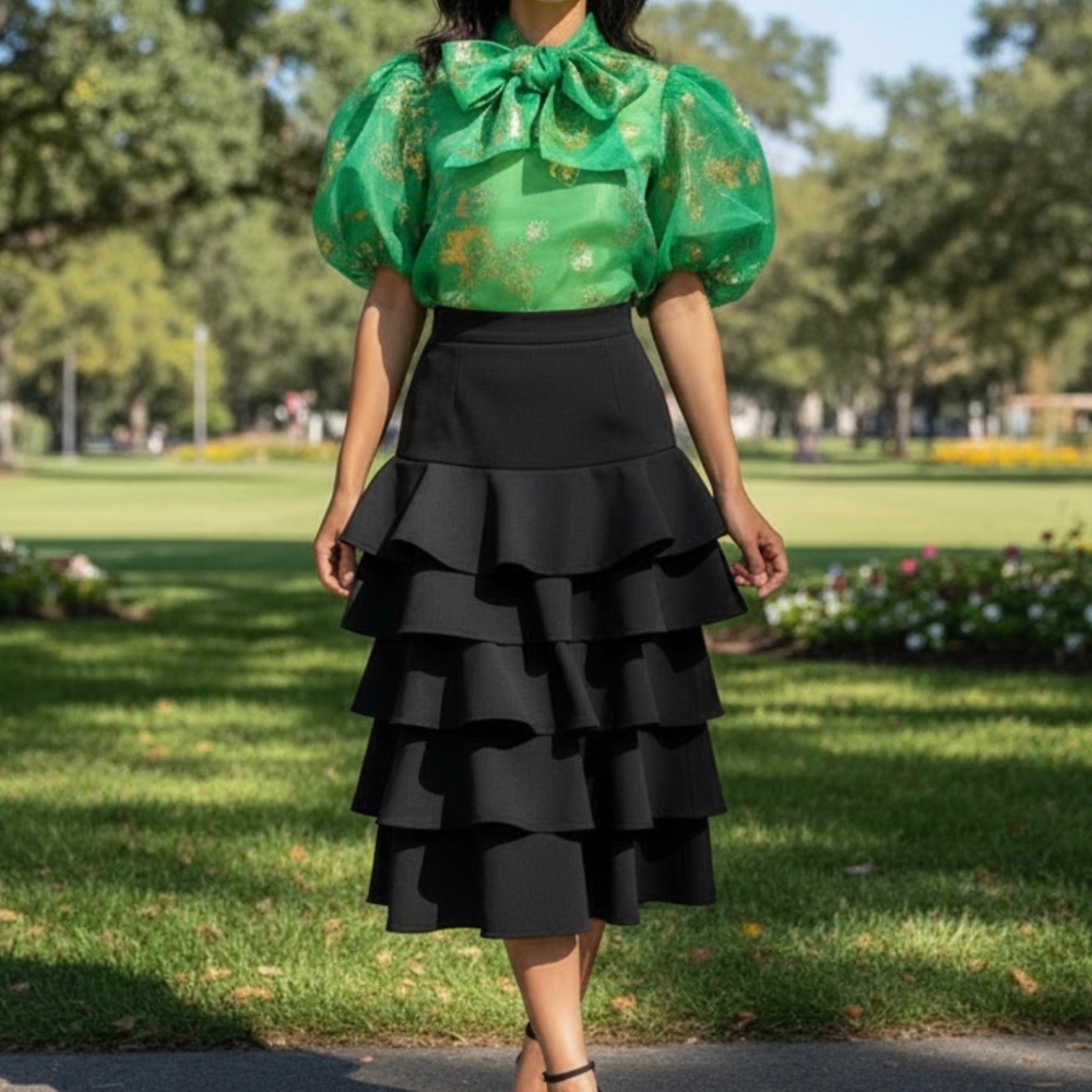 #A117 Nancy Sheer Luxe Green & Gold Organza Puff Sleeve Top NWT L - Picture 2 of 14